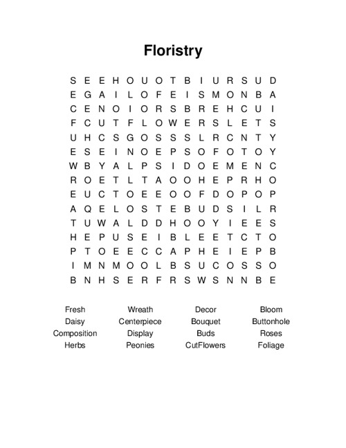 Floristry Word Search Puzzle