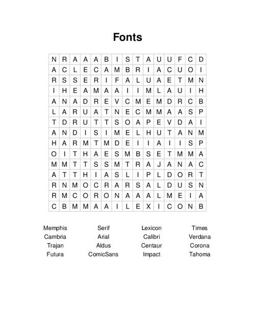 Fonts Word Search Puzzle