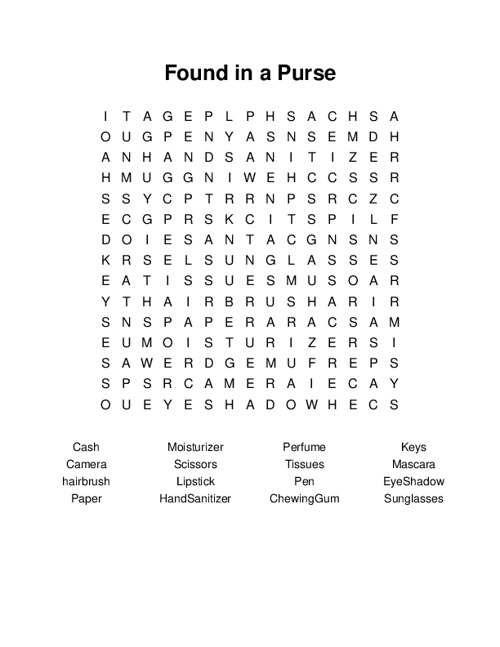 Found in a Purse Word Search Puzzle