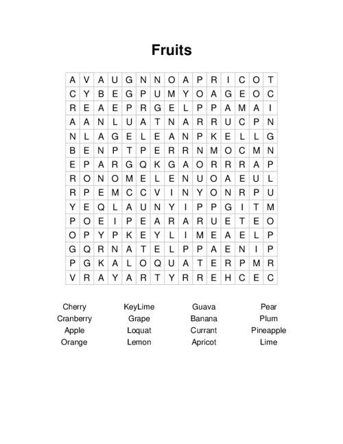 Fruits Word Search Puzzle