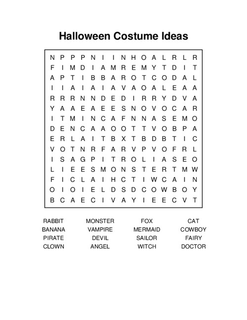 Halloween Costume Ideas Word Search Puzzle