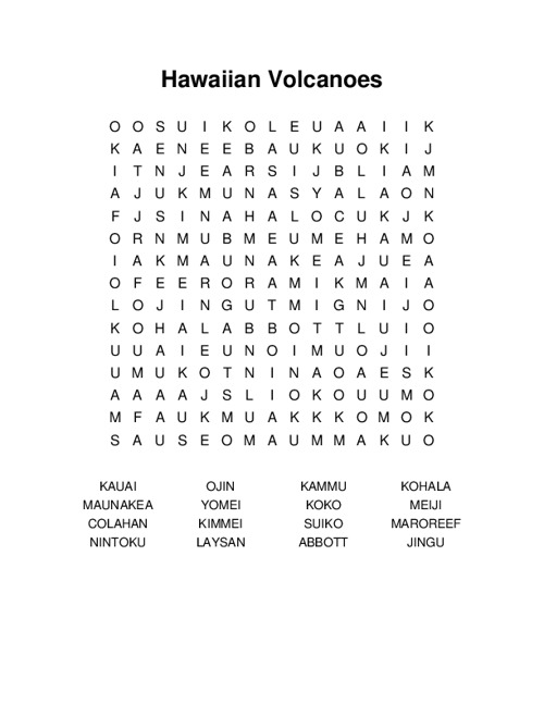 Hawaiian Volcanoes Word Search Puzzle