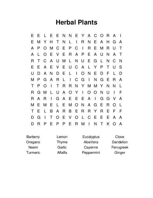 Herbal Plants Word Search Puzzle