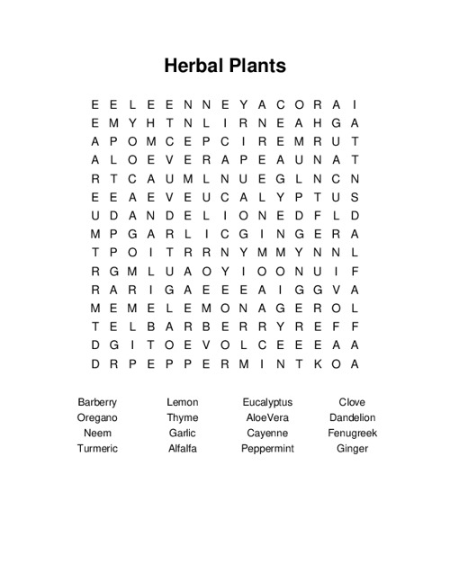 Herbal Plants Word Search