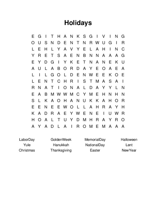Holidays Word Search