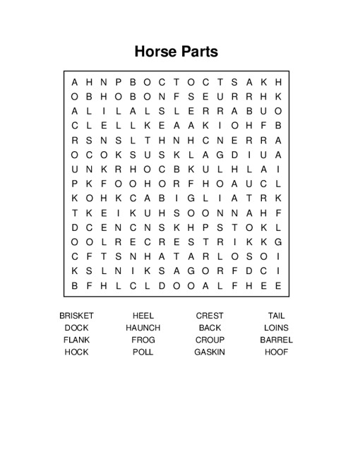 Horse Parts Word Search Puzzle