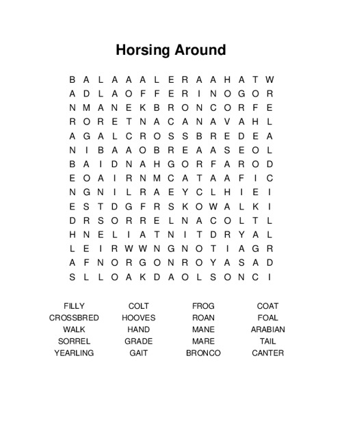 Horsing Around Word Search Puzzle