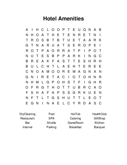 Hotel Amenities Word Search Puzzle