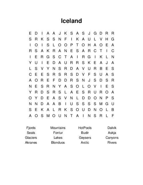 Iceland Word Search Puzzle