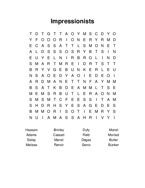 Impressionists Word Search Puzzle