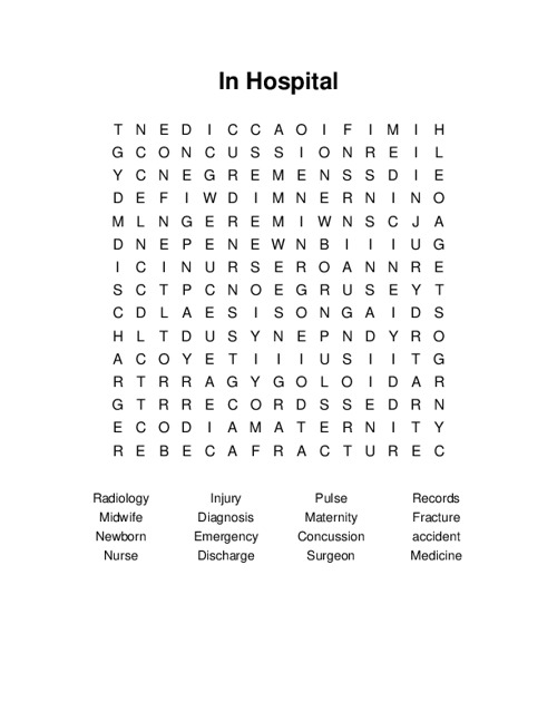 In Hospital Word Search Puzzle