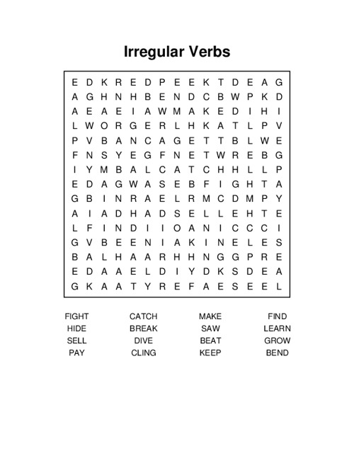 Irregular Verbs Word Search Puzzle