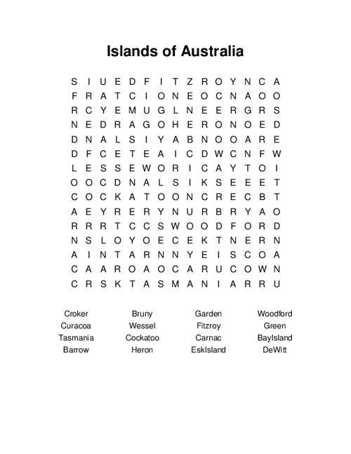 Islands of Australia Word Search Puzzle