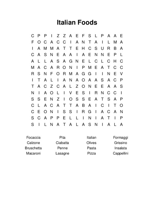 Italian Foods Word Search Puzzle
