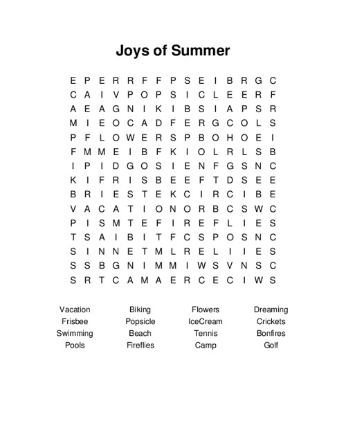 Joys of Summer Word Search Puzzle