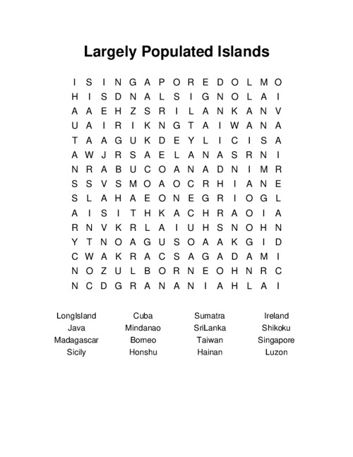 Largely Populated Islands Word Search Puzzle