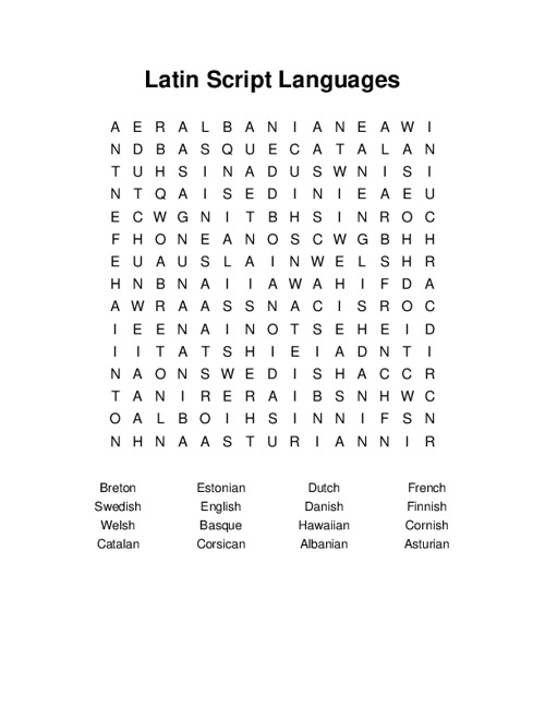 Latin Script Languages Word Search Puzzle