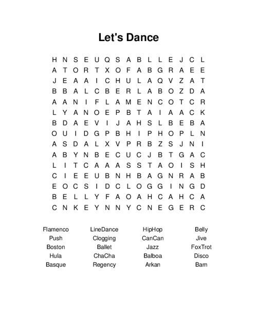 Lets Dance Word Search Puzzle