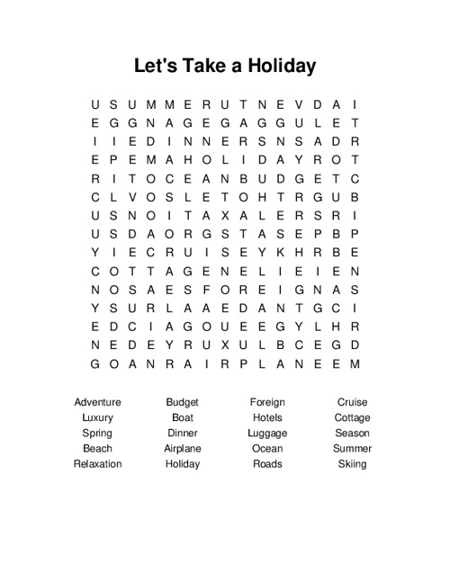 Lets Take a Holiday Word Search Puzzle