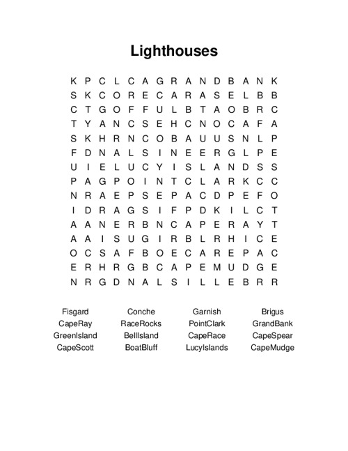 Lighthouses Word Search Puzzle