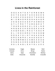 Lives in the Rainforest Word Search Puzzle