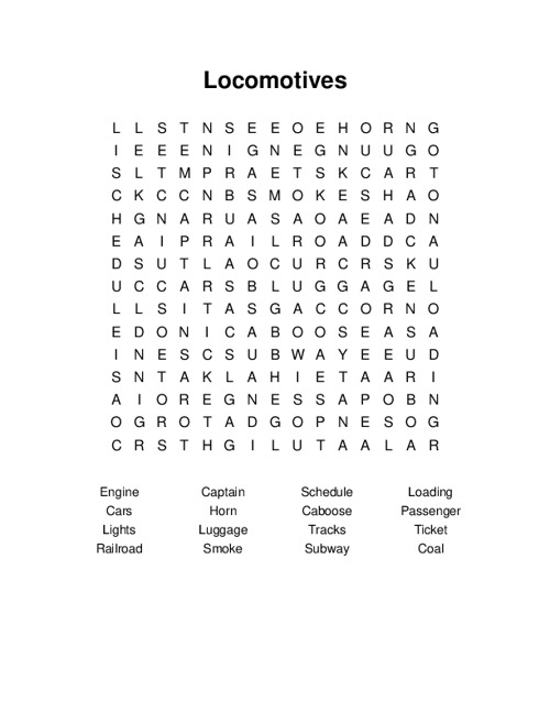 Locomotives Word Search Puzzle
