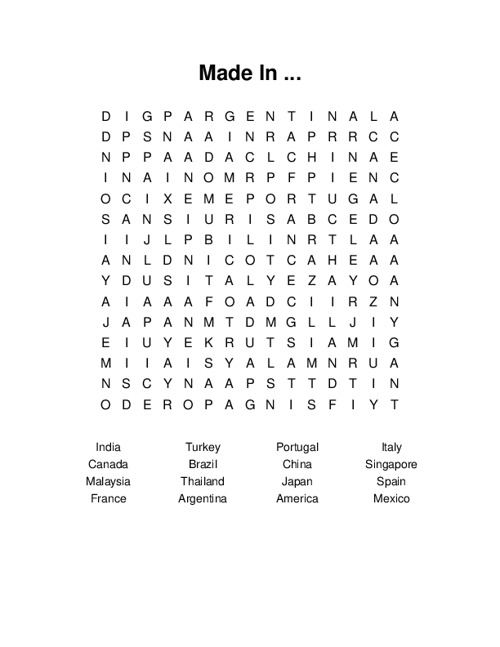 Made In ... Word Search Puzzle