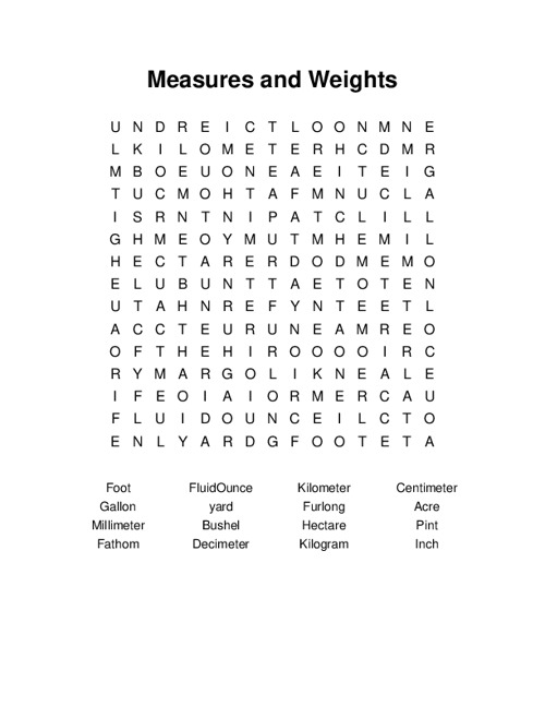 Measures and Weights Word Search Puzzle