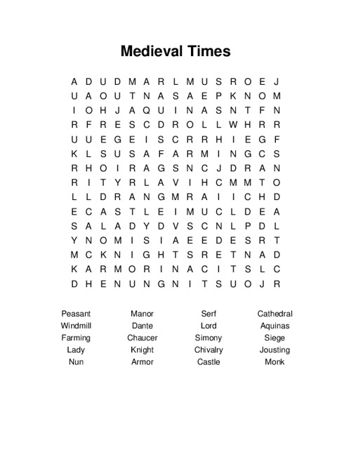 Medieval Times Word Search Puzzle