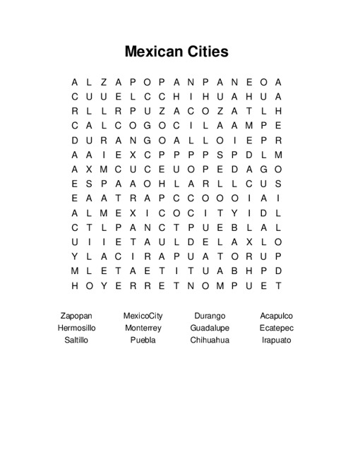 Mexican Cities Word Search Puzzle