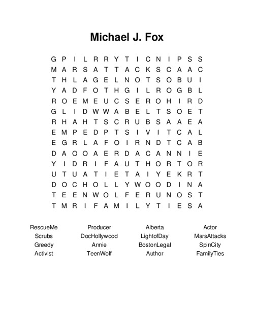 Michael J. Fox Word Search Puzzle