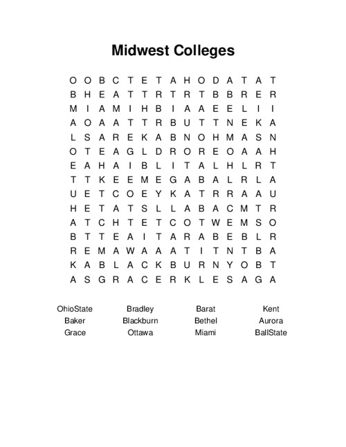 Midwest Colleges Word Search Puzzle