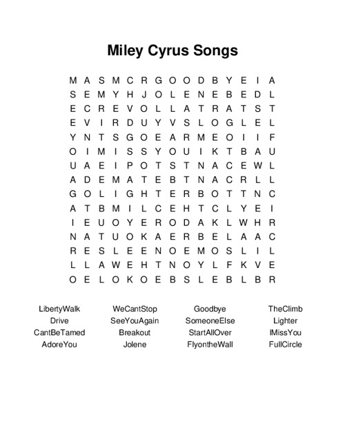 Miley Cyrus Songs Word Search Puzzle
