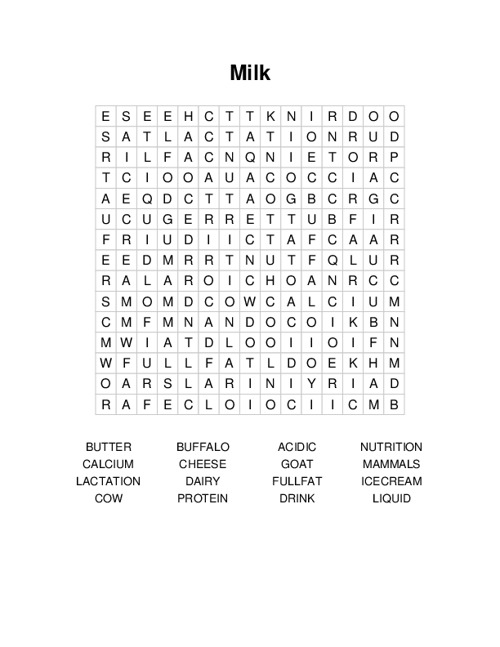 Milk Word Search Puzzle