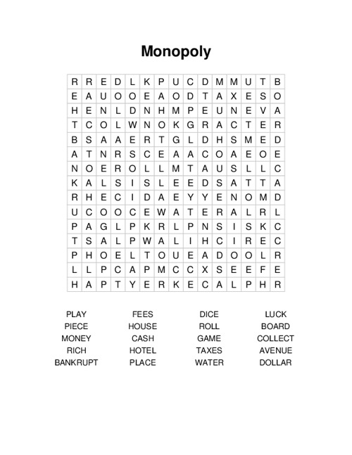 Monopoly Word Search Puzzle