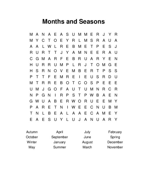 Months and Seasons Word Search Puzzle