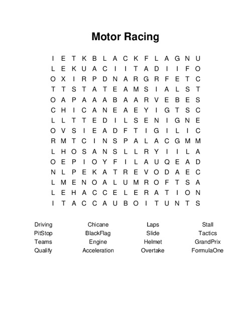 Motor Racing Word Search Puzzle