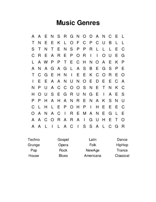 Music Genres Word Search Puzzle