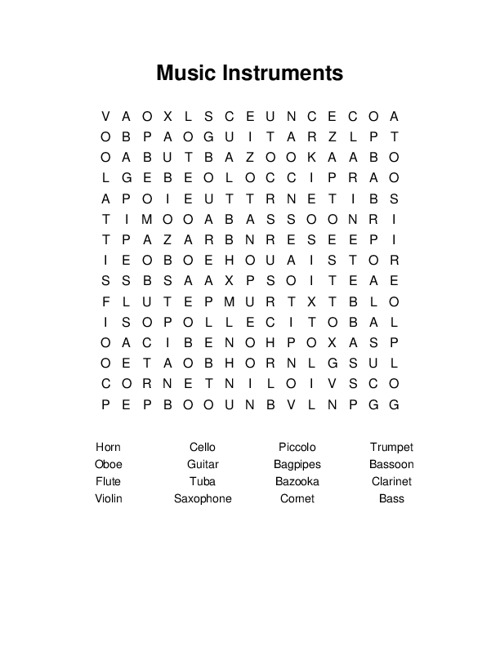 Music Instruments Word Search Puzzle