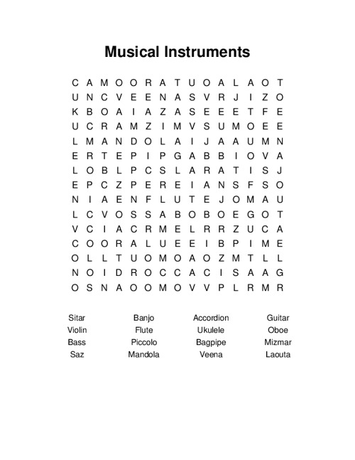 Individualidad intelectual calcular Musical Instruments Word Search