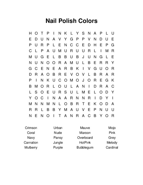 Nail Polish Colors Word Search Puzzle