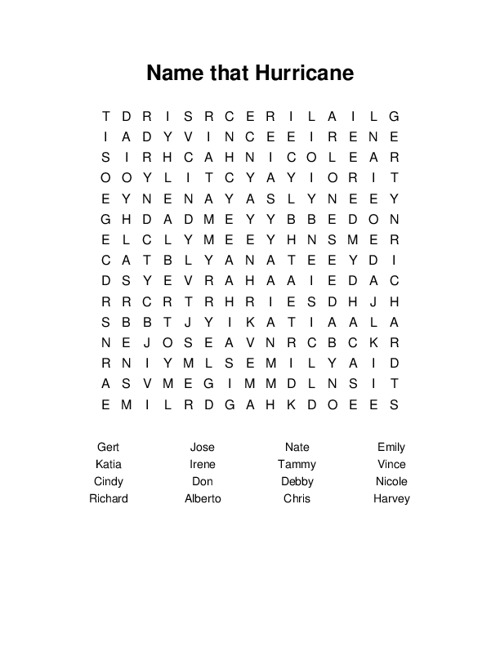 Name that Hurricane Word Search Puzzle