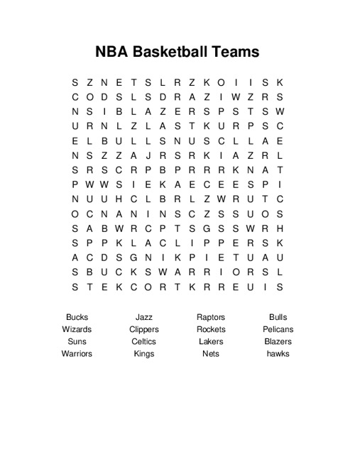 NBA Basketball Teams Word Search