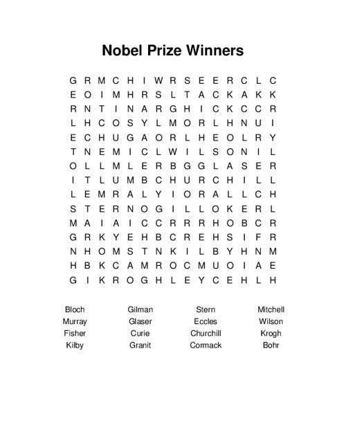 Nobel Prize Winners Word Search Puzzle