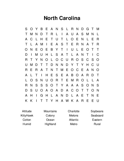 North Carolina Word Search Puzzle