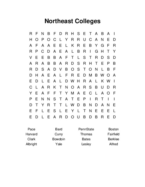 Northeast Colleges Word Search Puzzle