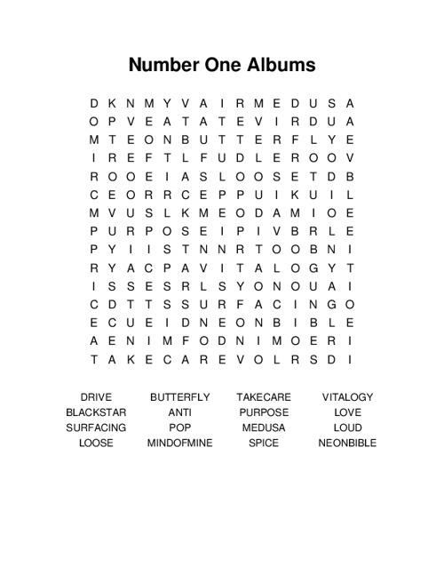 Number One Albums Word Search Puzzle