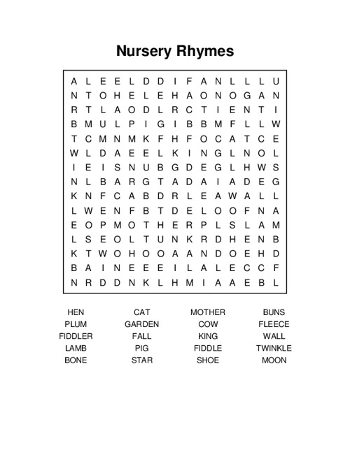 Nursery Rhymes Word Search Puzzle