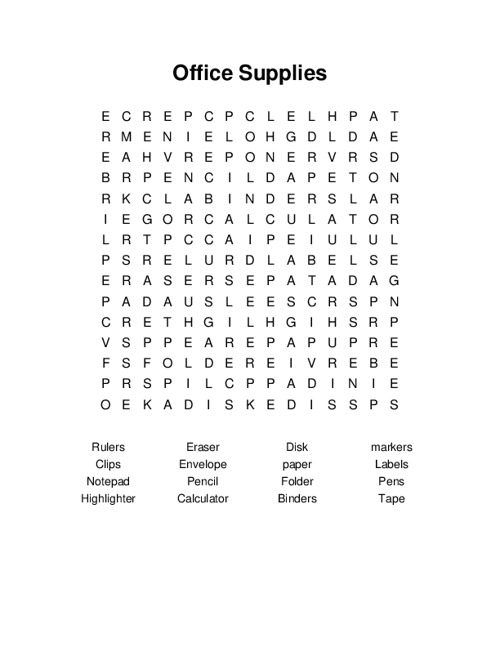 Office Supplies Word Search Puzzle