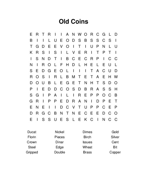 Old Coins Word Search Puzzle